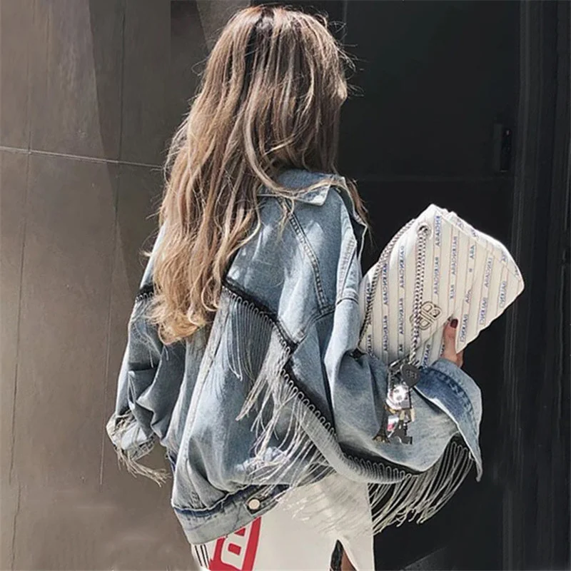 Finest Women bat sleeve tassel short loose burr denim jacket Female Fashion new boyfrieds outwear 2020 Aut