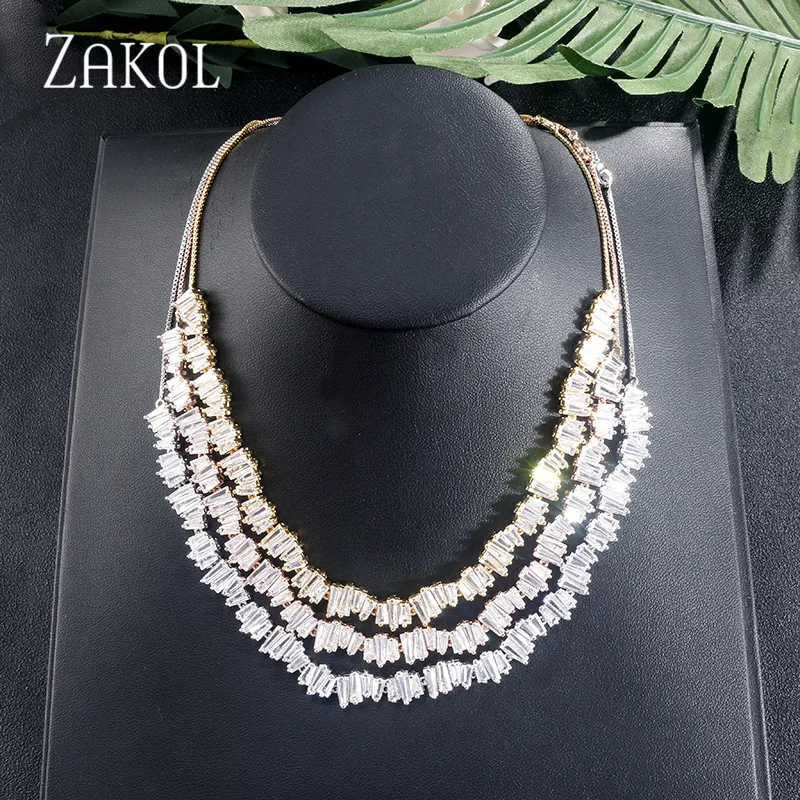 Cena ZAKOL moda marka biżuteria 3 kolory prostokąt cyrkonia Chokers naszyjnik momenty dla kobiet rocznica FSNP076