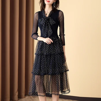 

Plus Size Polka Dot Dress 2020 Women Spring And Summer V Neck Bow Three Quarter Sleeve Elastic Miyake Pleated Slim Dress Midi