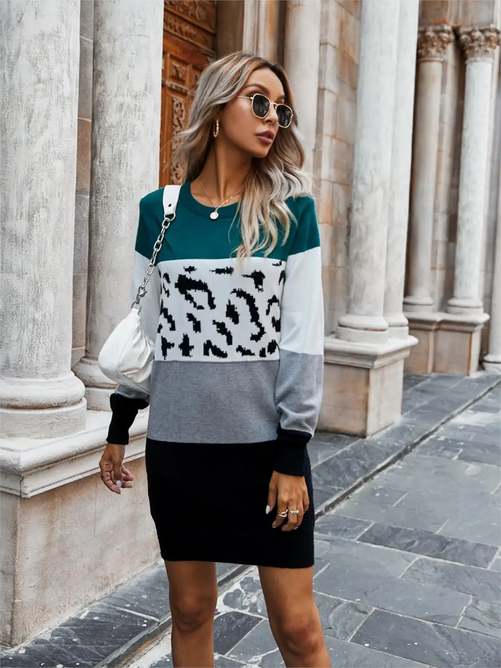 Chifirena Vintage Leopard Patchwork Sweater Dress Women O Neck Long Sleeve Winter Casual Robe Female Elegant Minie Vestidos