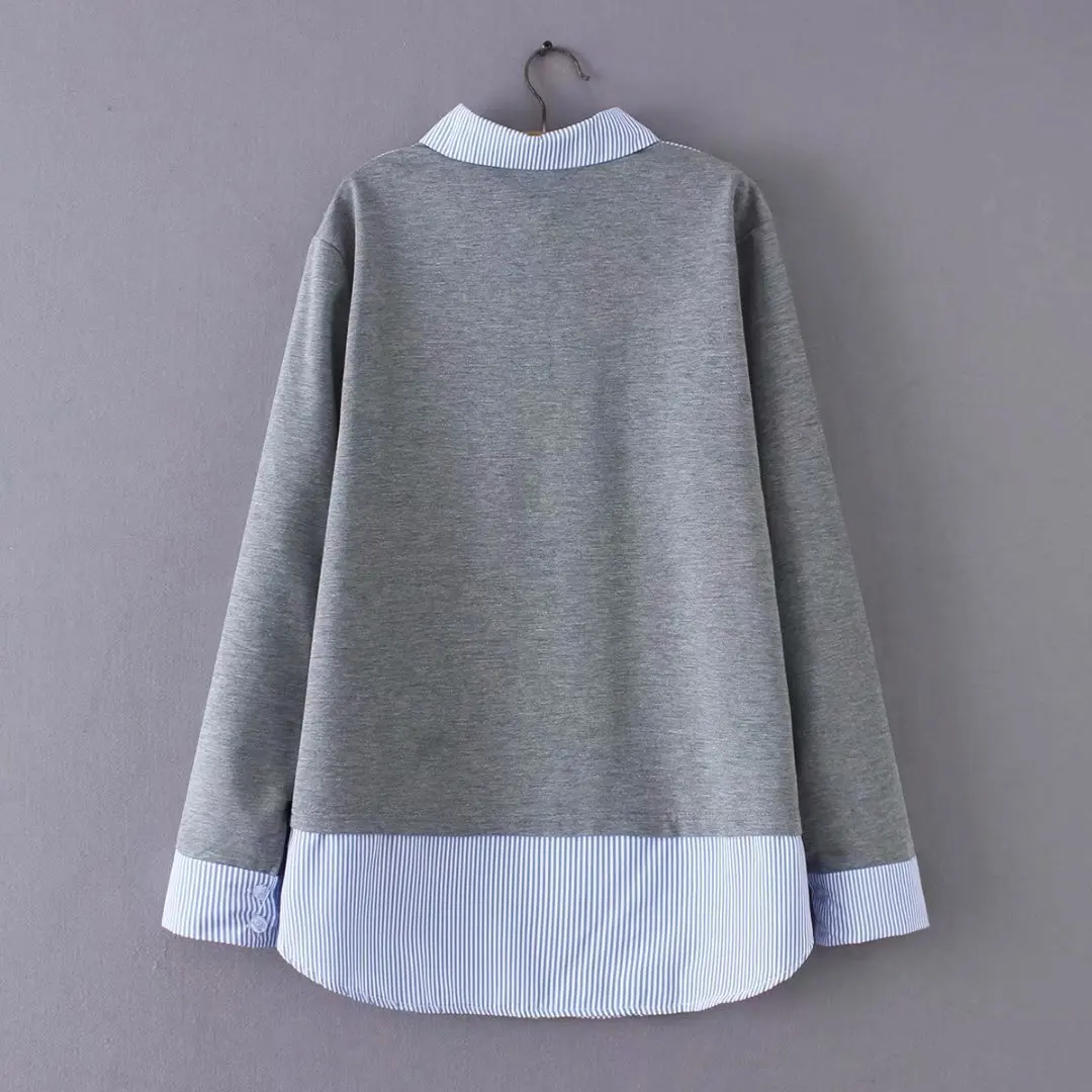 Women's Loose Stripe Tops, Female Hoodies, Plus Size Sweatshirts, Casual Clothes, Fake Two Pieces, Spring, Autumn