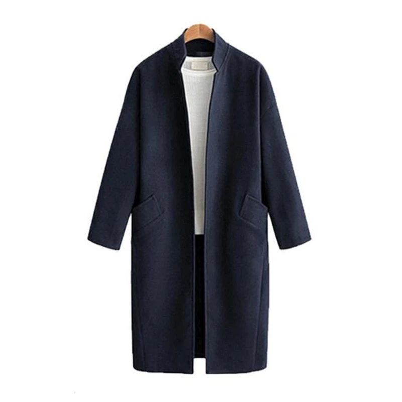 Navy Blue Длинное зимнее женское пальто, шерстяное пальто, куртка, свободная Толстая теплая Женская Повседневная Верхняя одежда, простая однотонная темно-синяя/армейская зеленая с карманами - Цвет: Navy Blue
