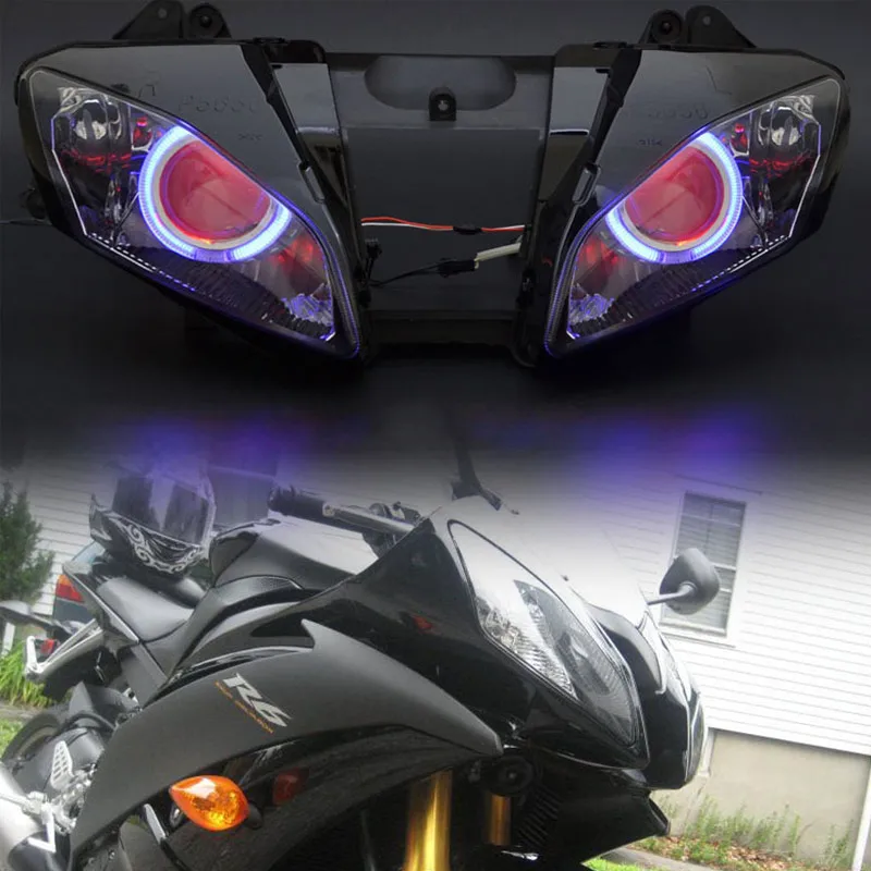 

Motorcycle Custom Headlight Assembly For Yamaha YZF R6 2008-2015 Blue Angel Red Devil Eyes HID Projector Headlamp