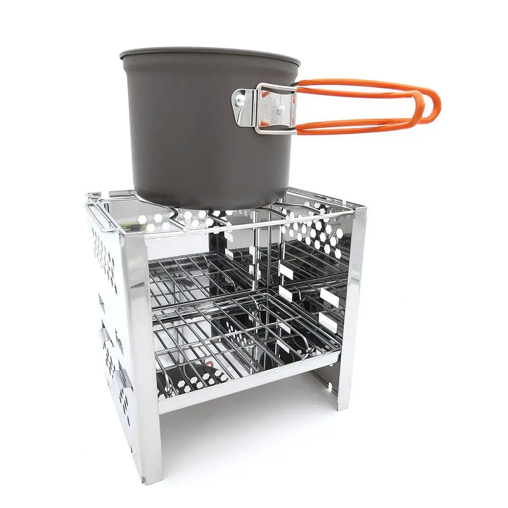 MeterMall Outdoor Camping Cooking Stove Stainless Steel with Barbecue Wire Mesh Hiking Outdoor BBQ Stove