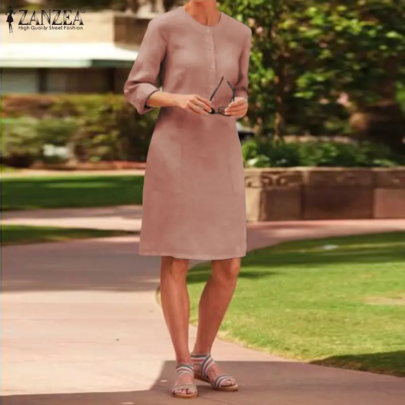 ZANZEA женское элегантное однотонное платье осень О-образный вырез длинный рукав хлопок льняная рубашка Vestido повседневные пуговицы для работы OL сарафан Халат