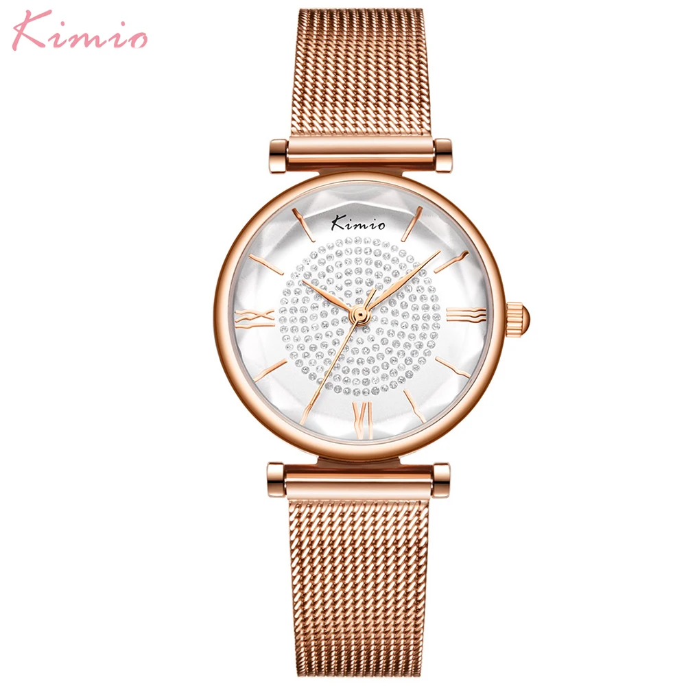 

Kimio Fashion Women Quartz Wristwatch Stainless Steel Mesh Belt Watch Luxury Rhinestone Waterproof Watch Reloj Mujer