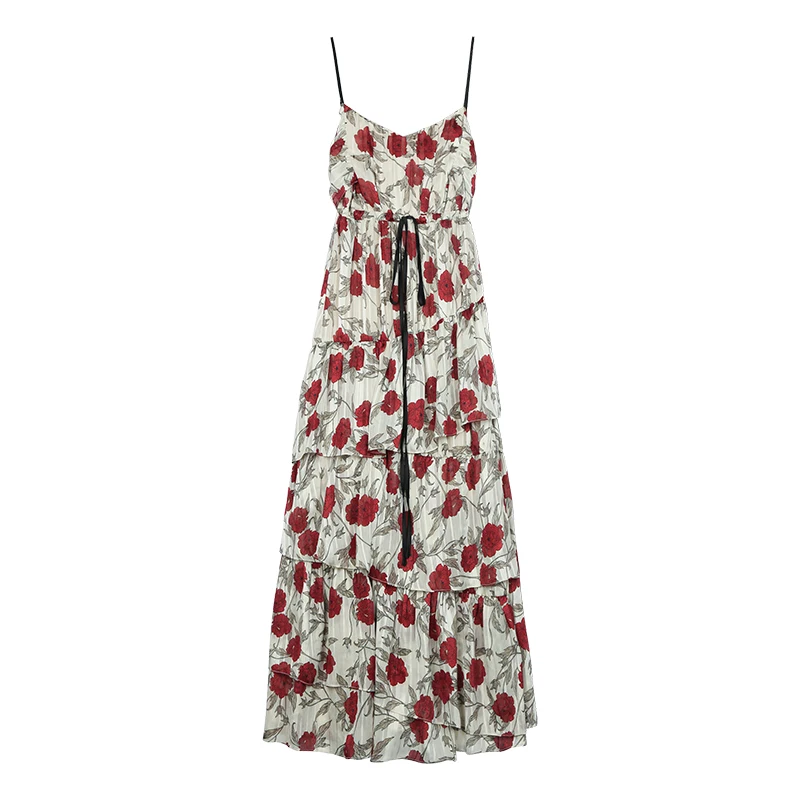 YOSIMI Long Women Dress Sleeveless V-neck Long Cake Dress Summer Dress Elegant Strapless Ankle-Length Floral Print Dresses