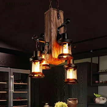 

Retro Bar Industrial Wind Chandelier Loft Solid Wood Personality Restaurant Bar Industrial Chandelier lamptesco