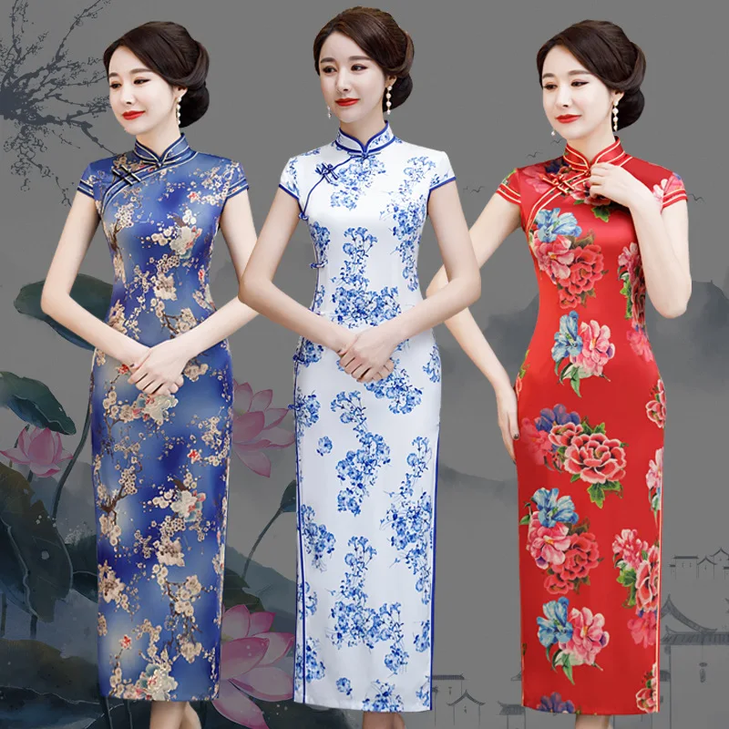 

Etiquette Costume Cheongsam 2019 New Style Summer Long Large Size Slimming Daily Life Formal Dress Banquet Catwalks Cheongsam