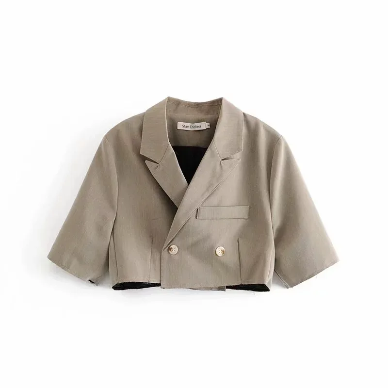 

2019 Autumn New Style Korean-style Versatile Double Breasted Small Suit Three-quarter-length Sleeve Tops Short Navel Flash Coat