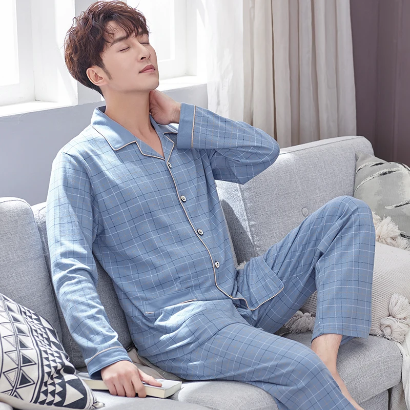 Plaid 100% Cotton Sleepwear Men Warm Long Sleeves Button-Down Pajamas Set 2Pieces Mens Soft Pure Cotton Nightwear PJs Blue Plaid 100% Cotton Sleepwear Men Warm Long Sleeves Button-Down Pajamas Set 2Pieces Mens Soft Pure Cotton Nightwear PJs Blue