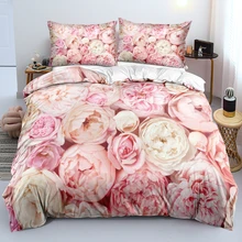 

100%Microfiber Pink and White Rose Quilt Cover Set Romantic Bed Linen Pillowcases Twin Full Queen King Sizes Soft Bedding Set