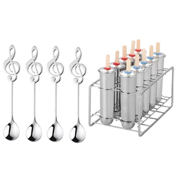 

4Pcs Cute Note Spoon, Stainless Steel Coffee Spoon & 1set Stainless Steel sicle Molds Ice Cream Sticks Brush