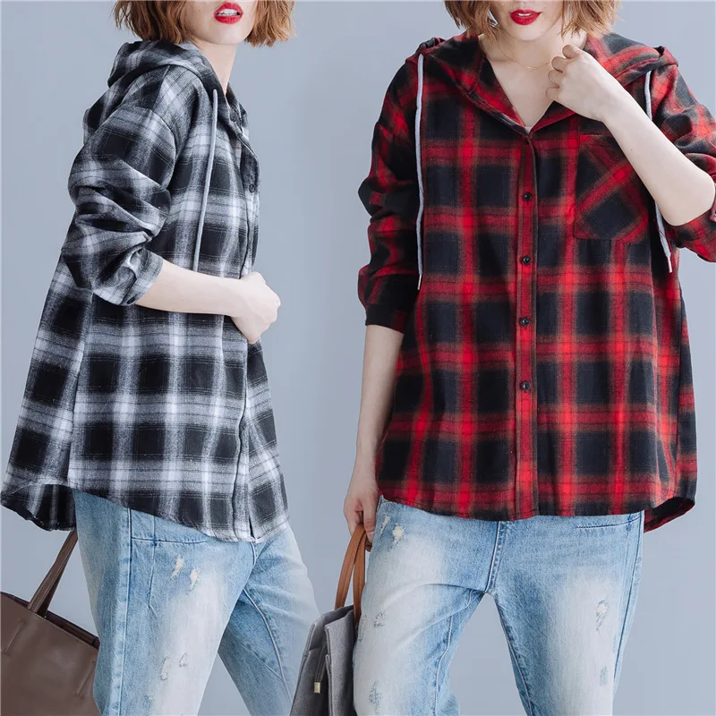 ^Cheap 2019 Autumn Clothing New Style Korean-style Literature And Art Plaid Printed Long-sleeved Shirt Fat Mm Slimming Comfortable Hood
