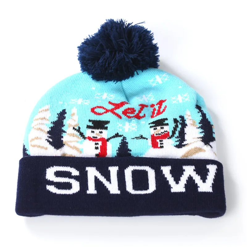 Wholesale New Children LED Christmas Hat With Lights Winter Warm Cartoon Knitted Pompom Beanie Cap For Kids Christmas Decoration - Цвет: SNOW