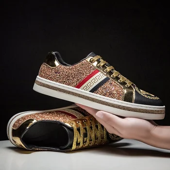 

Brand Hot Sale Gold Embroidered Shoes Mens Summer Comfortable Glitter Sneakers Outdoor Shiny New Casual Shoes Zapatillas Hombre