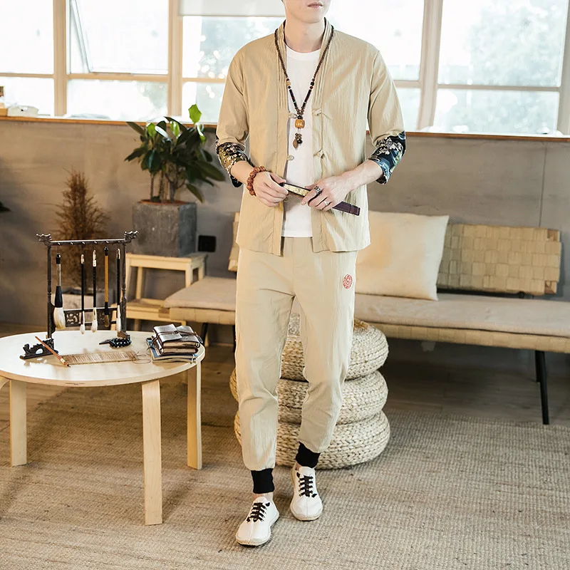 

2019 Summer Ethnic-Style Flax Short Sleeve Set Men's Chinese-style Frog Mixed Colors Cotton Linen Capri Pants Two-Piece Set