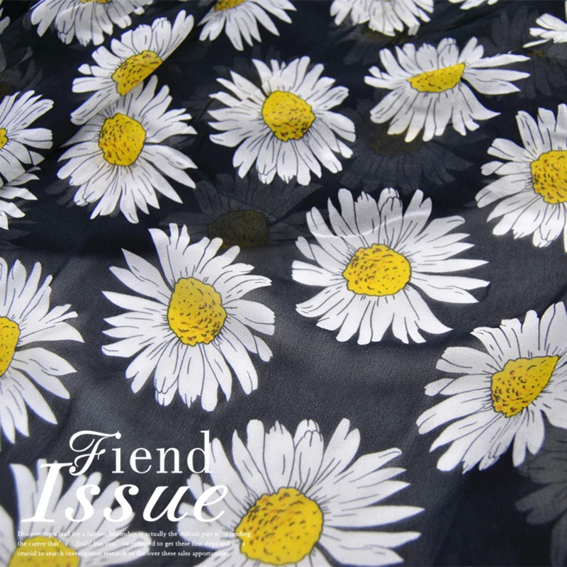 

12mm Black Background Large Chrysanthemum Wide Silk Georgette Fabric Light and Transparent Dress Shirt Fabric