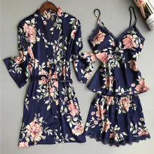 Женский халат и платье, наборы, сексуальный цветочный принт, пижама для сна, пижама с длинным рукавом, Дамская ночная рубашка, халат, ночная рубашка с накладками на груди
