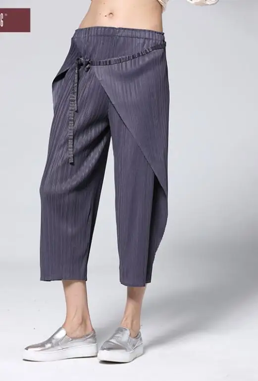 Miyake плиссированные брюки новые Однотонные эластичные штаны со складками с высокой талией