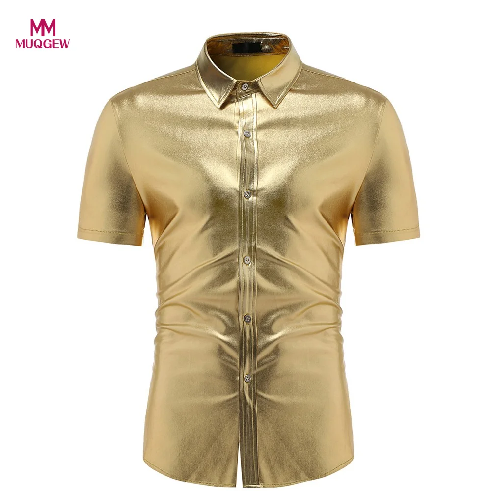 Модные вечерние ночное золото Для мужчин рубашка Slim Fit короткий рукав Твердые мышцы Для мужчин, футболка с коротким рукавом Camisas Hawaiana Para Hombre# F