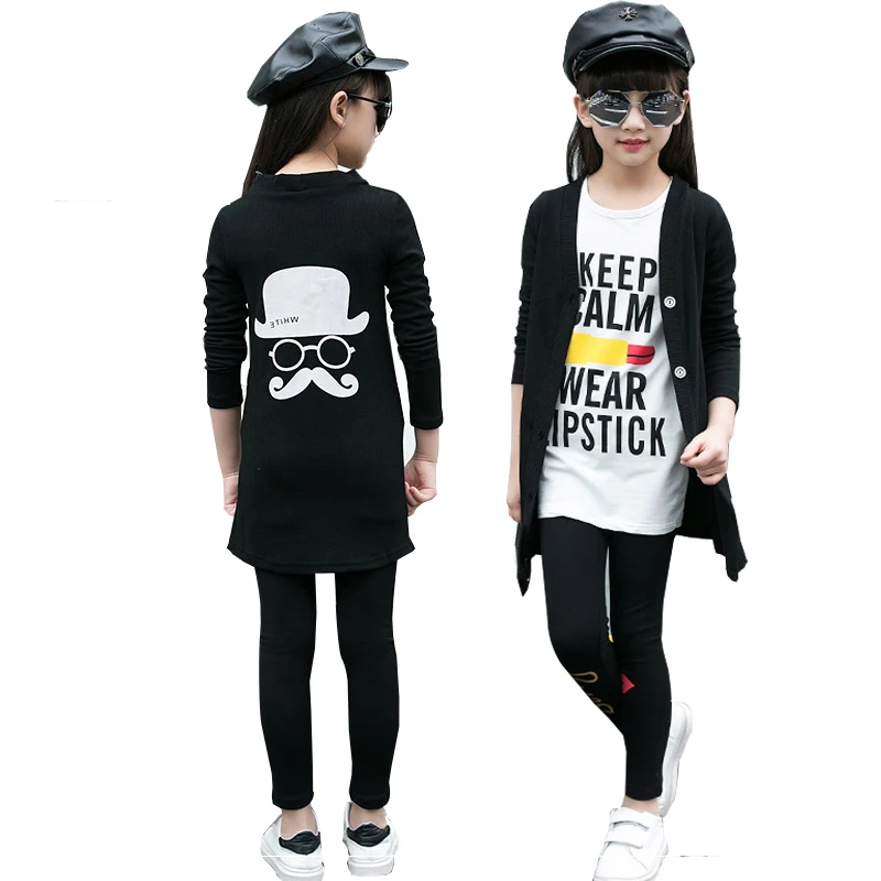 

Spring Girls Tracksuits 100%Cotton Sportswear Cartoon Beard 3 Pieces Children Clothing Set for 8 9 10 11 12 13 14 15 16 year