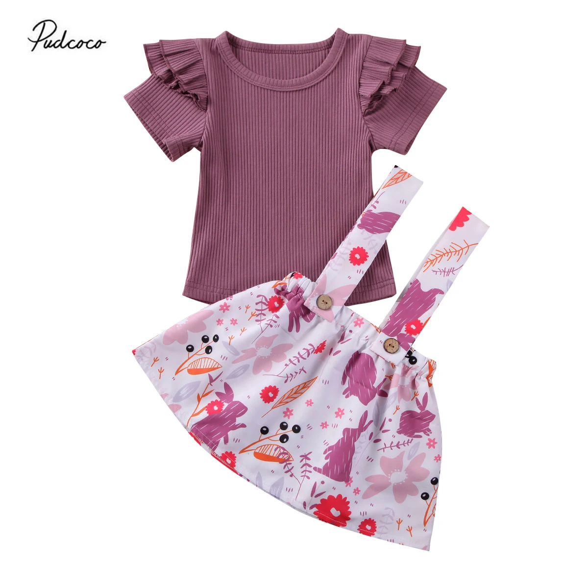 Baby Girls Romper Knit Ruffle Short Sleeve Overalls Jumpsuit Romper Princess Floral Suspenders Skirts Set