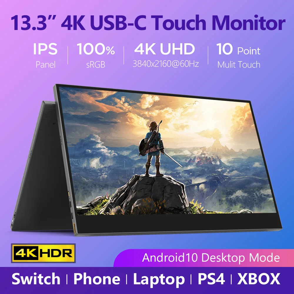 Портативный сенсорный монитор 13 3 дюйма 4K для смартфона PS4 XBOX ноутбука HDR10 HDMI USB Type C