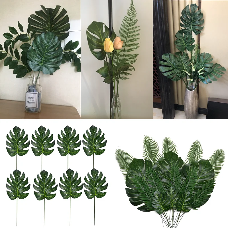 10-20 Pcs Artificial Plants Tropical Monstera Palm Leaves Simulation Leaf For Hawaiian Theme Party Decor Home Garden Fake Leaves