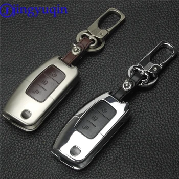 

jingyuqin for Ford Focus Fiesta C Max Ka Keychain Ring Zinc Alloy+Leather Remote Key Cover Case 3 Buttons Car-styling