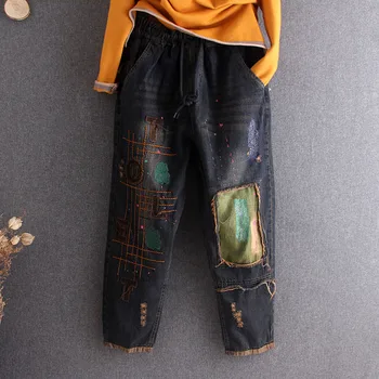 

New spring dad Jeans female cartoon girl Print harem pants Korean version denim elastic waist patch large size loose Jogger