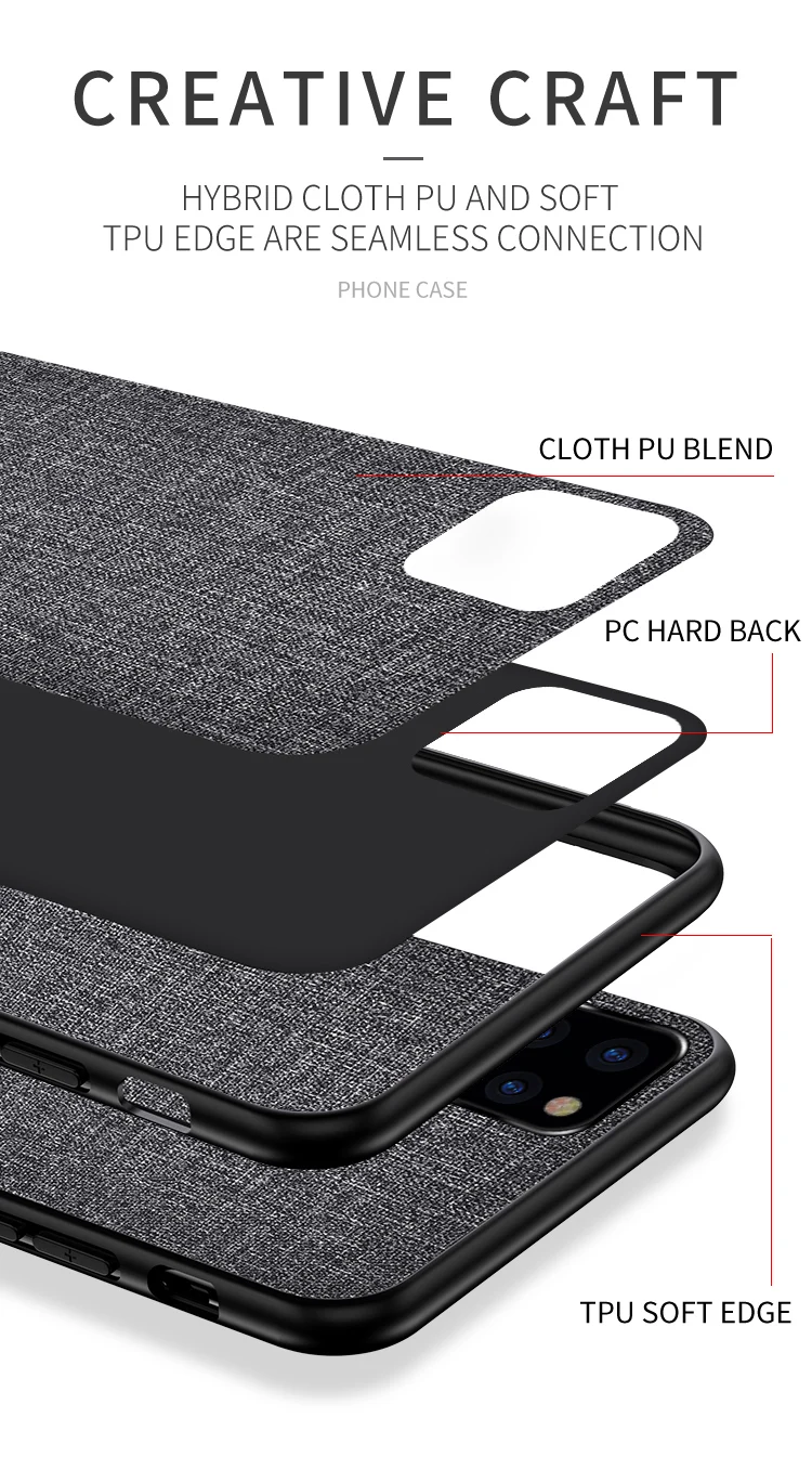 

For iPhone 11 pro max Phone Case Cloth Hard PC Silicone Frame Back Cover For iphone 11 2019 Business Phone Case Shockproof
