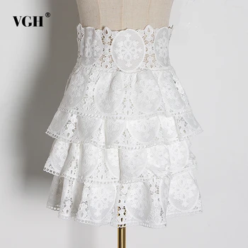 

VGH Casual Embroidery Women Skirt High Waist Hollow Out Ruffles Elegant Lace Skirts For Female Fashion Clothes 2020 New