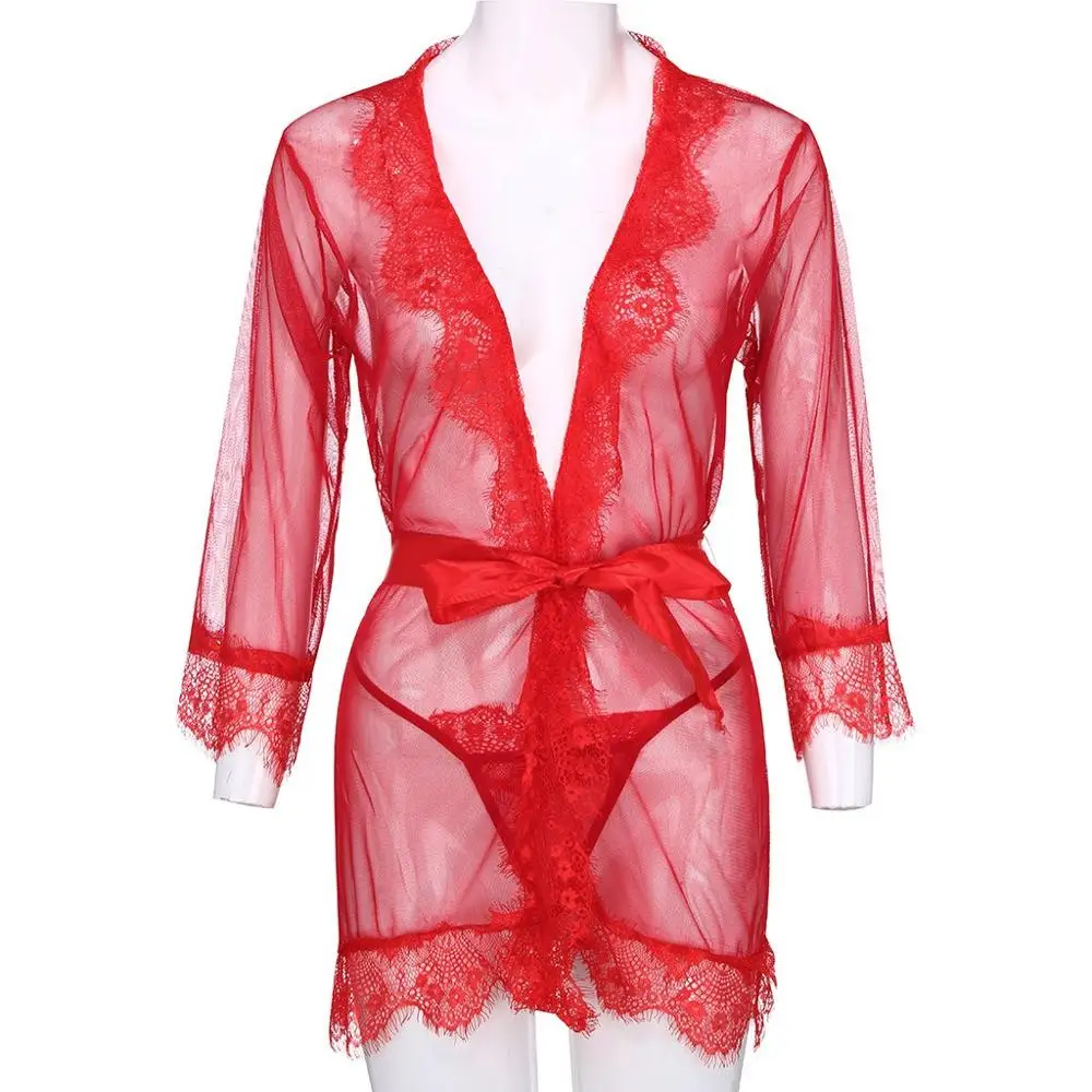 

Women Sexy Lace Robe Nightwear Fashion Sheer Sleepwear See Through V-neck Mesh Robe Nightgown Camicia da Notte 2019 Hot Sale YE