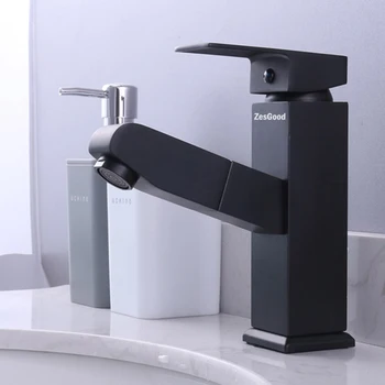 

ZesGood All Copper Drawing Type Tap Freedom Pull Design Basin Hot And Cold Taps Bathroom Faucets Water Taps With Hot & Cold Hose
