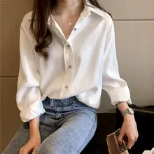 

Women Office Solid Color Long Sleeve Turndown Collar Button up Loose Top Shirt Blouse