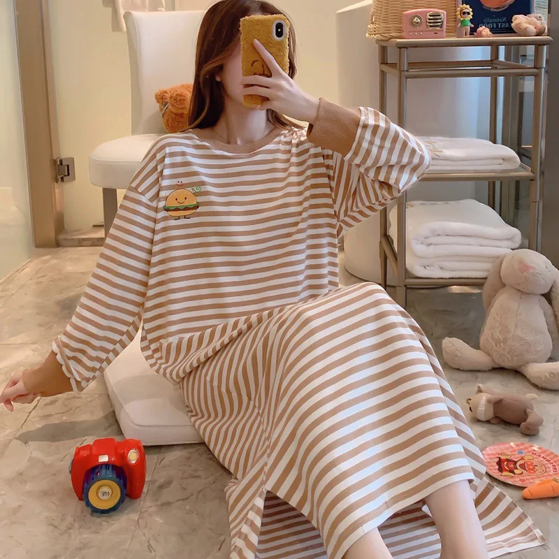 

Spring And Autumn Pure Cotton Nightgown Women's Long-Sleeve Korean-style Stripes Loose And Plus-sized Pajamas Cotton Fresh Stude