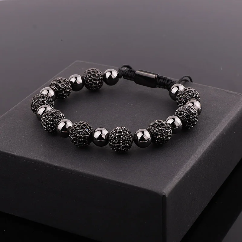 Luxury 10mm Black CZ Pave Ball Charm Macrame Adjustable Bracelet Men Jewelry Gift