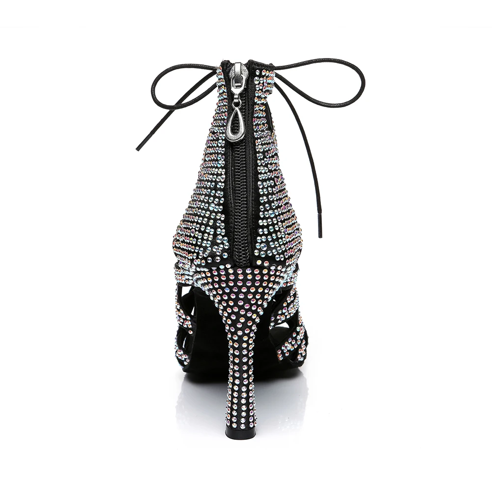 DKZSYIM Lace-Up Latin Dance Shoes Women Ballroom Black Dancing Shoes High Heels Rhinestone Party Dance Boots Soft Soles For Girl 5