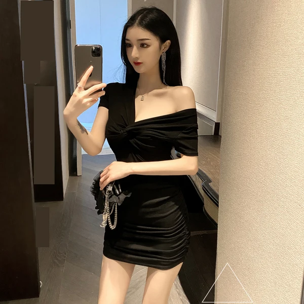 9156 # pricing!No less than 45 short sleeved V-neck clavicle skirt wrap buttock slimming body show sexy dress | Женская одежда