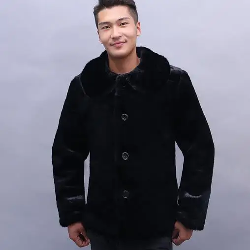 Men Faux Fur Coat Winter Fluffy Fox Mink Fur Overcoat Black Fur Collar Outerwear thicken Fluffy Oversized Jackets WR760