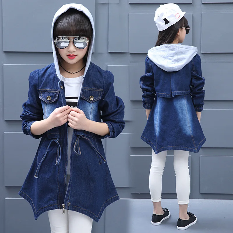 

Girls' Jean Jacket 2019 Autumn And Winter New Style Students Casual Tops Big Boy Mid-length Denim Windbreaker Coat