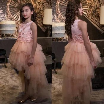 

Custom High Quality Little Girl Birthday Dress High Low O Neck Puffy Tulle Applique Lace Girls Pageant Dress Baby Cloth