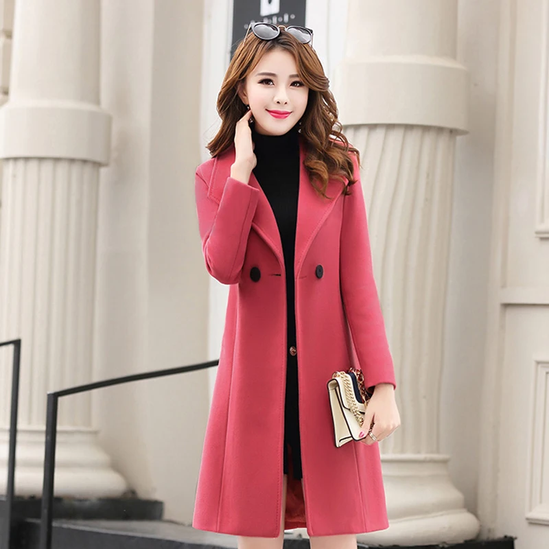 Kopen 2019 Nieuwe Winter Slanke Plus Size Vrouwen Wollen Jas Casual Medium Lange Effen Kleur Lange Mouwen Winter Wollen Jas Vrouwen jassen