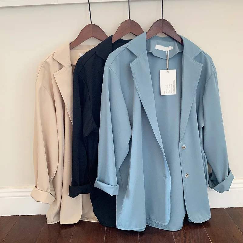 

Chiffon Thin Chic Korean Blazer Feminino Solid Black Long Sleeve Notched Casual Slim Women Blazer Coat Autumn Office Lady Clothe