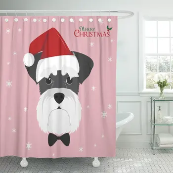 

Flat Christmas Schnauzer Dog Red Santa's Hat Cartoon Adorable Shower Curtain Polyester 60 x 72 inches Set with Hooks