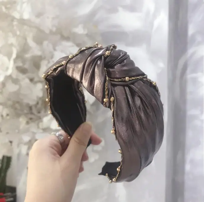Новая мода осень Hairband Женская повязка на голову из искусственной кожи Золотой Сплав инкрустация мягкие высококачественные волосы обруч широкая сторона аксессуары для волос - Цвет: 2