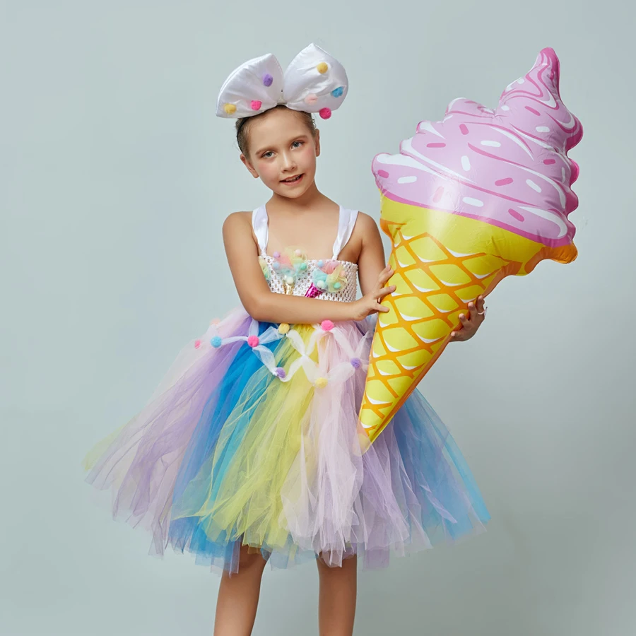 Ice Cream Applique Girls Tutu Dress with Bow Pom-pom Design Kids Sweet Birthday Party Holiday Tulle Dress Children Food Costume (3)