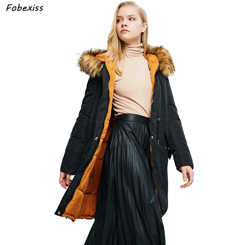 

Black Parkas Women Long Winter Jacket Fur Hood Both Size Plus Loose Cotton Lined Jacket 2019 Winter Clothes Fashion Woman Parka