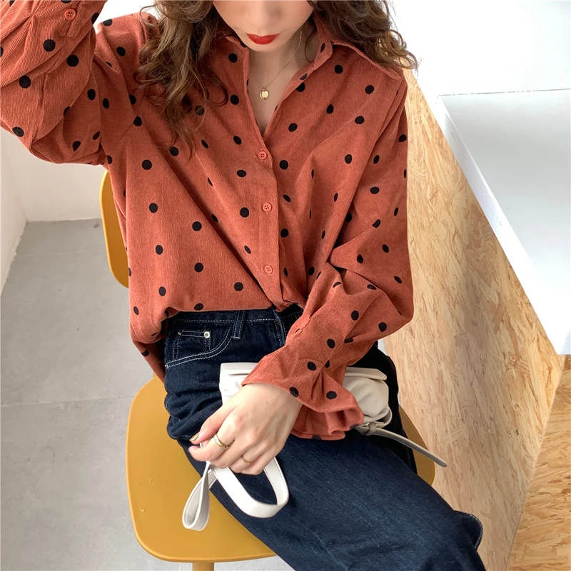 incredible Korea Winter Jacket Women 2019 Autumn New Lapel Loose Single-Breasted Corduroy Polka Dot Long Sleev